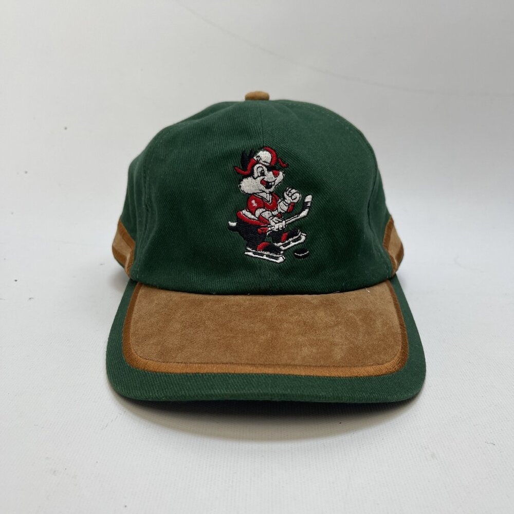 Y2K Cartoon Bunny Hockey Retro Brown Faux Suede / Pine Green Strap Back 2000's